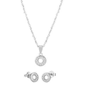 Silver Cubic Zirconia Halo Pendant And Studs Set Set14439 loving the sales