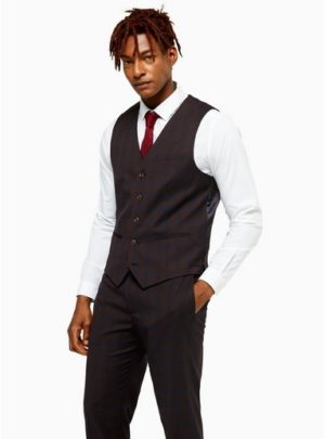 Mens Red Navy And Burgundy Check Slim Fit Suit Waistcoat