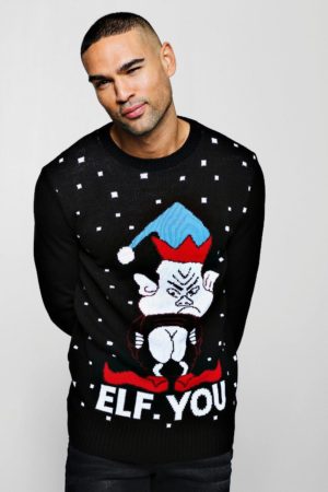 Mens Black Elf You Knitted Christmas Jumper loving the sales