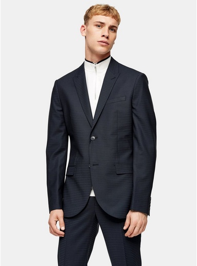 Mens Premium Navy Gingham Check Skinny Fit Single Breasted Blazer With Peak Lapels