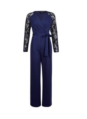 Womens Navy Lace Sleeve Jumpsuit - Blue