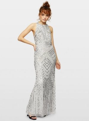 Womens Silver All Over Embellished Maxi Dress