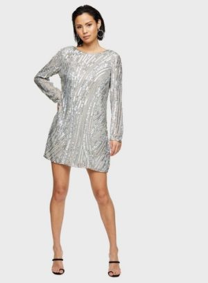 Womens Silver Long Sleeve Sequin Mini Dress