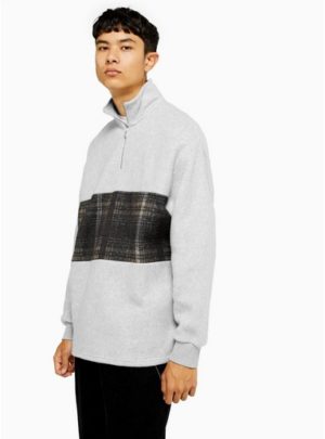 Mens Grey Check Panel 1/4 Zip Sweatshirt