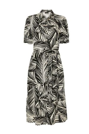 Monochrome Palm Print Linen Shirt Dress