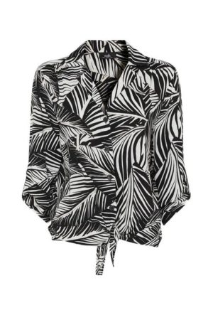Monochrome Palm Print Tie Front Shirt