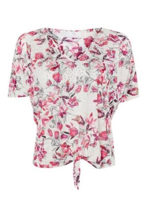 Petite Pink Floral Print Tie Front Top