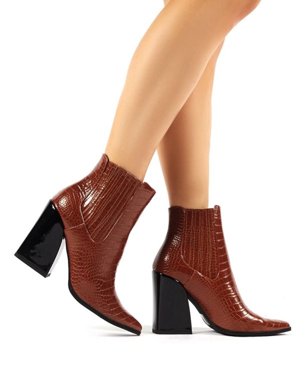 Brianna  Croc Block Heeled Pointed Ankle Boots