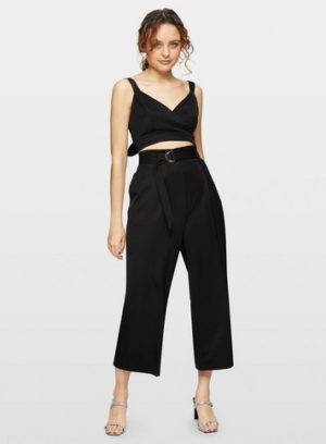 Womens Black Belted Wide Leg Trousers