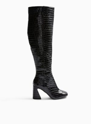 Womens Black Oval Croc Flared Heel Over The Knee Boots