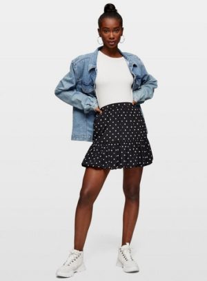 Womens Black Polka Dot Puffball Mini Skirt