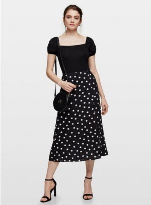 Womens Black Spot Lace Trim Midi Skirt