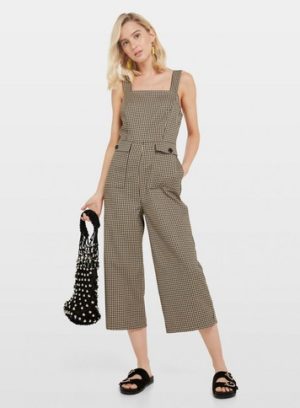 Womens Camel Checked Pocket Pinafore Jumpsuit