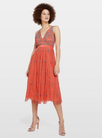Womens Coral Plunge Embellished Midi