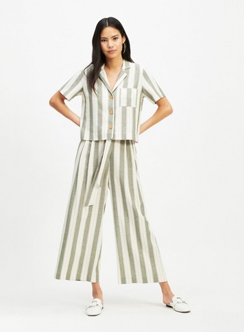 Womens Khaki Stripe Linen Paperbag Trousers