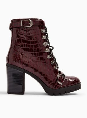 Womens Limited Edition Brody Burgundy Crocodile Design Faux Fur Trim Hiker Boots