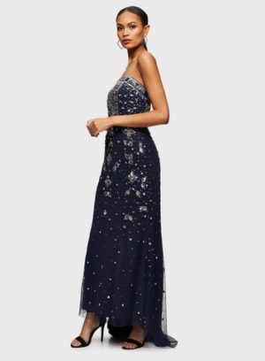Womens Navy Bandeau All Over Embellished Maxi Dress