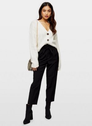 Womens Petite Black Belted Paperbag Trousers