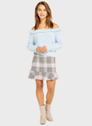 Womens Petite Grey Frill Prairie Bardot Knitted Jumper