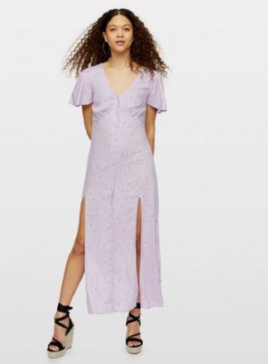 Womens Petite Lilac Print Button Down Maxi Dress