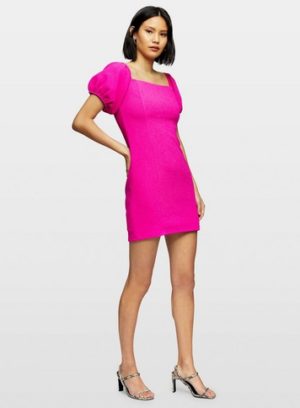 Womens Pink Puff Sleeve Bardot Dress