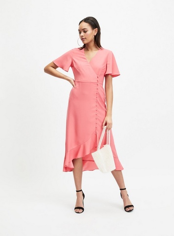 Womens Pink Wrap Midi Dress