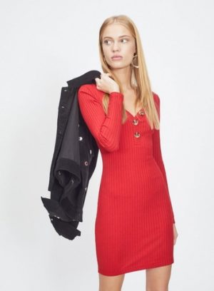 Womens Red Button Ribbed Bodycon Dress