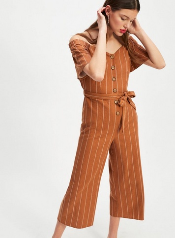 Womens Rust Stripe Bardot Button Jumpsuit With Linen