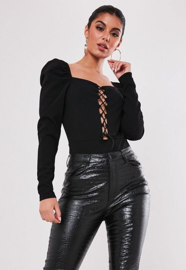 Black Lace Up Puff Sleeve Bodysuit loving the sales