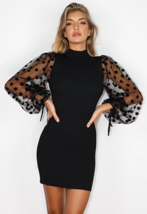 Black Polka Dot Organza Sleeve Knit Dress loving the sales