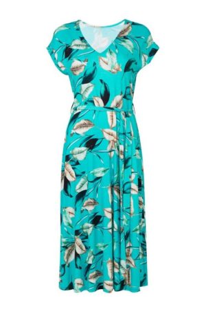Blue Palm Print Midi Dress