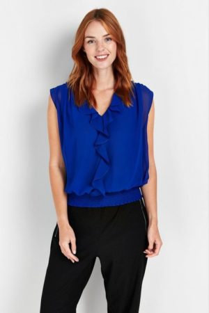 Blue Ruffle Front Top