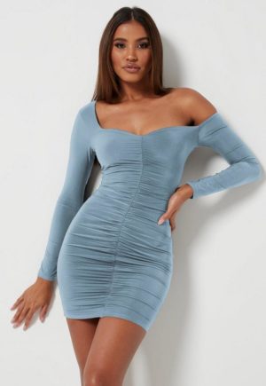 Blue Slinky Seam Free Ruched Mini Dress loving the sales