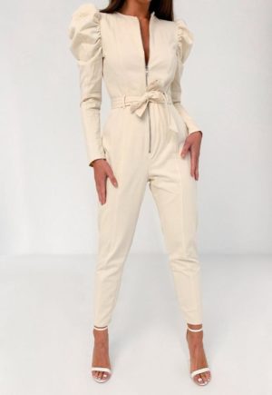 Cream Puff Sleeve Zip Front Utility Jumpsuit loving the sales