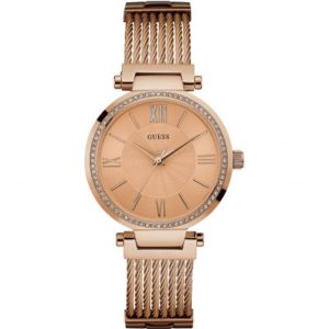 Guess Ladies Rose Gold Watch With Crystal Detailing And Rose Gold Wire Bracelet. loving the sales
