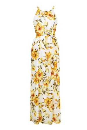Ivory Floral Print Pleated Maxi Dress