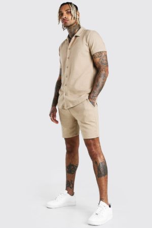 Mens Beige Short Sleeve Textured Shirt & Short Set loving the sales