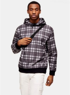 Mens Black And White Brushed Check Hoodie