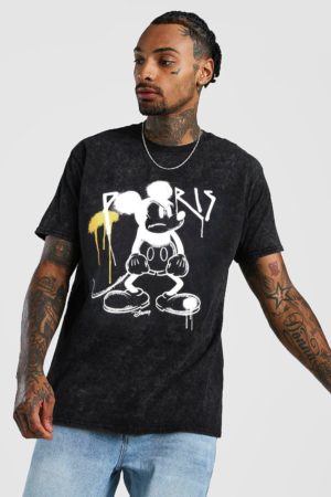 Mens Black Disney Mickey Loose Fit Graffiti Acid Wash T-Shirt loving the sales