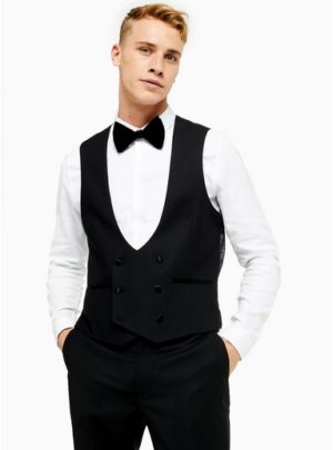Mens Black Double Breasted Skinny Fit Suit Waistcoat
