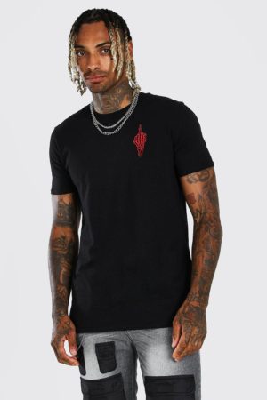 Mens Black Halloween Hand Embroidered T-Shirt loving the sales