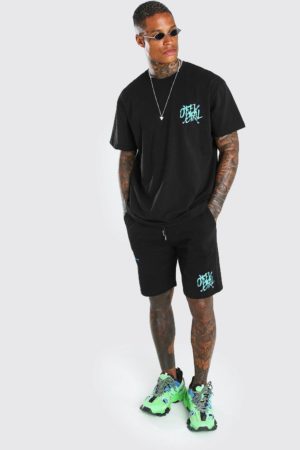 Mens Black Man Graffiti Wire Printed T-Shirt & Short Set loving the sales