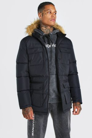 Mens Black Multi Pocket Quilted Parka With Faux Fur Hood loving the sales