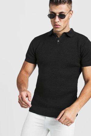 Mens Black Muscle Fit Cable Knit Polo loving the sales