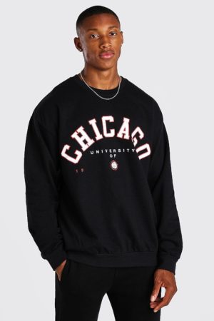 Mens Black Oversized Chicago Print Sweatshirt loving the sales