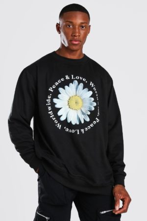 Mens Black Peace And Love Daisy Print Oversized Jumper loving the sales