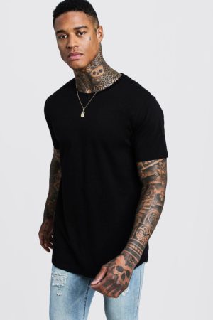 Mens Black Short Sleeve Longline T Shirt With Curve Hem loving the sales