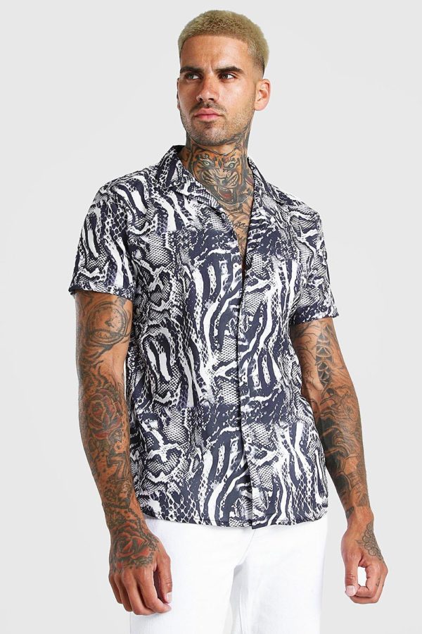 Mens Black Short Sleeve Revere Collar Animal Print Shirt loving the sales