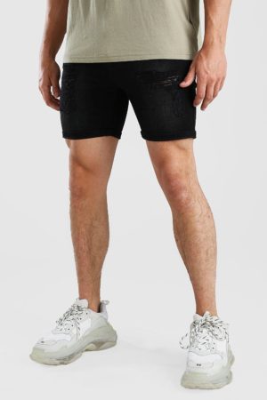 Mens Black Skinny Fit Denim Shorts With Distressing loving the sales