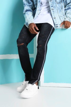 Mens Black Skinny Rigid Ripped Jeans With Bandana Tape loving the sales